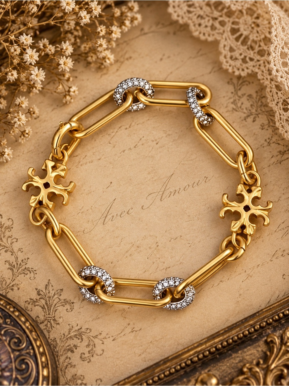 TORY BURCH • Gold Roxanne Logo Crystal Chain Bracelet - Picture 5 of 5